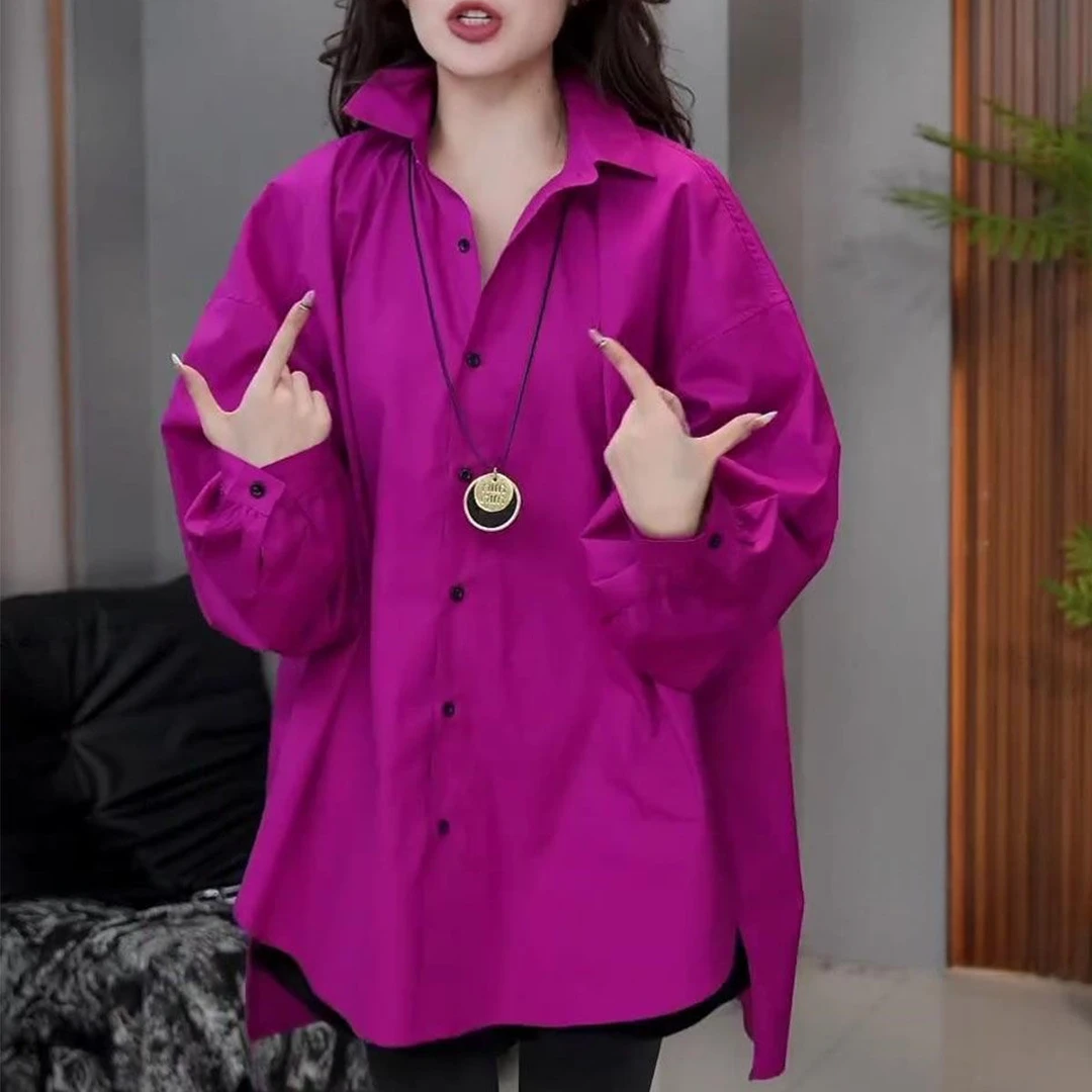 时尚百搭长袖衬衫女2025春季新款洋气宽松遮肉显瘦中长款休闲上衣