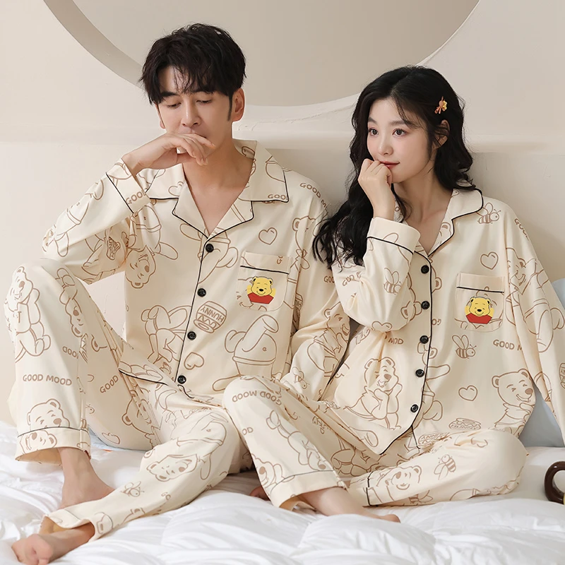 春秋睡衣情侣套装翻领长袖秋冬季100%纯棉男女卡通学生青年家居服