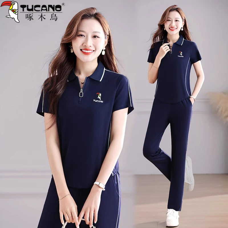 【官方】啄木鸟品牌冰丝运动套装女夏季2026新款时尚速干t恤两件套