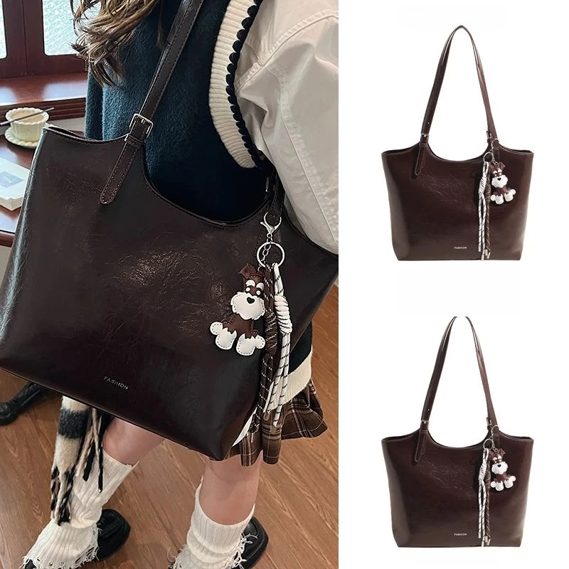 秋冬季大容量上班通勤托特包包女2025新款简约咖色皮质购物单肩包