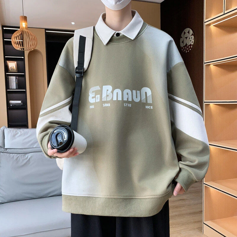 春秋季港风青少年大童学生男孩长袖潮流假两件卫衣百搭帅气打底