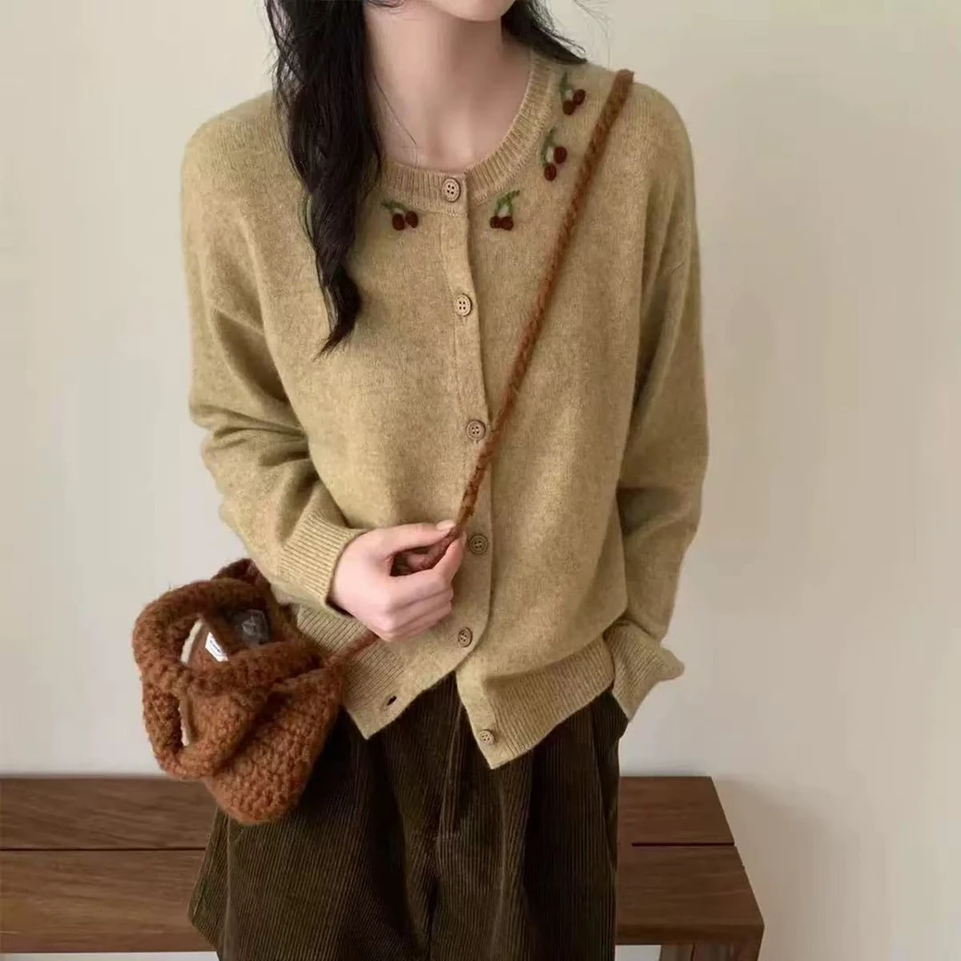 【手工樱桃】拼色圆领秋冬撞色针织开衫女毛衣气质宽松上衣