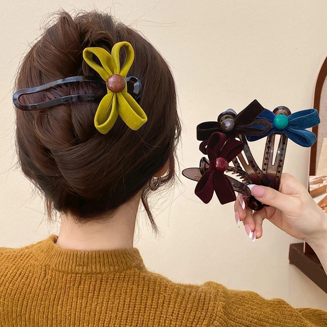 秋季丝绒蝴蝶结珍珠鸭嘴夹女毛绒气质盘发高级感发夹后脑勺头饰夹