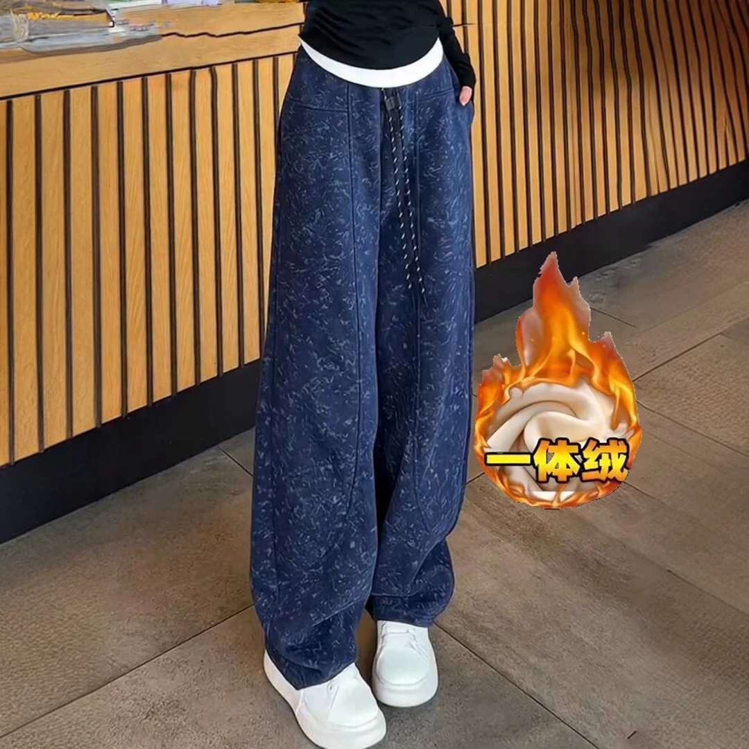 加绒加厚扎染香蕉卫裤女秋冬大码微胖mm时尚百搭显瘦阔腿弯刀裤