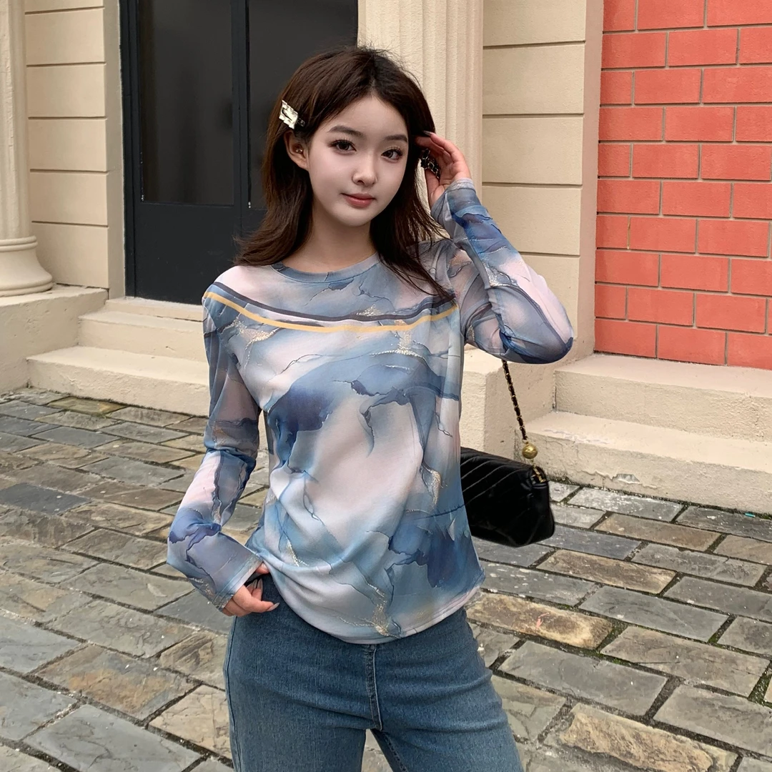 双层网纱长袖t恤女春款设计感小众印花防晒打底衫上衣6037-41