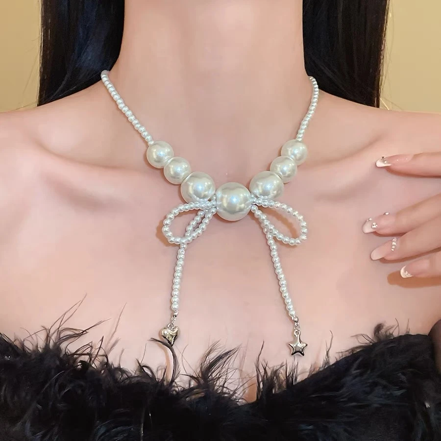 铜合金仿珍珠项链 蝴蝶结吊坠流苏颈链ins法式小众设计感气质项链