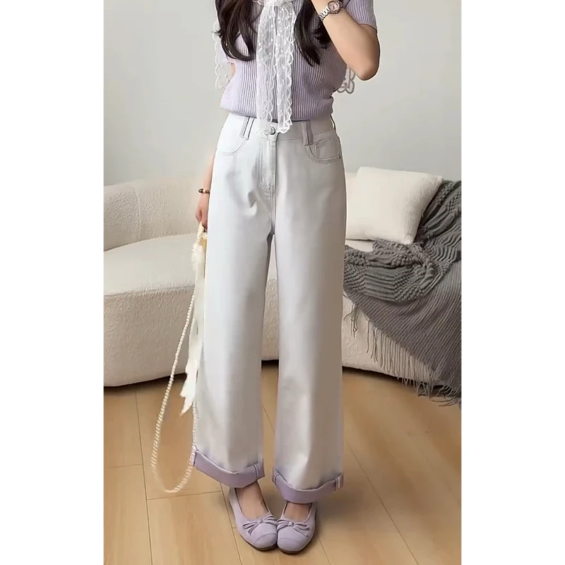 Aimeerosa/艾洛莎2025春夏新款窄版阔腿牛仔裤遮肉显瘦撞色九分裤