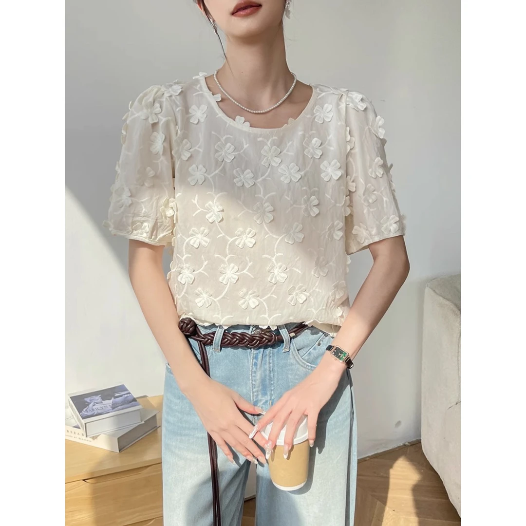 女士短袖t恤2025新款夏季杏色提花内搭打底衫设计感宽松小衫上衣