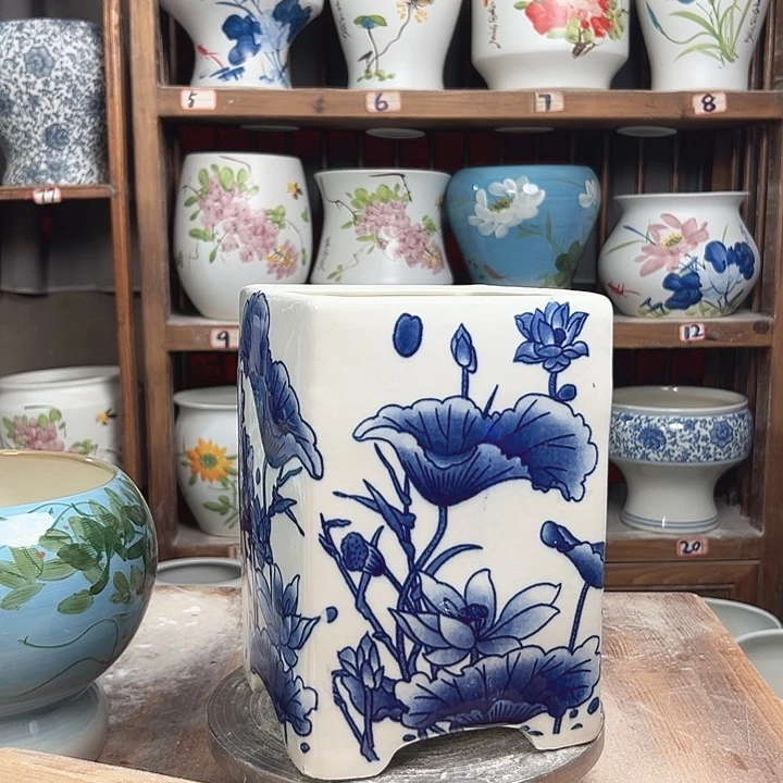 四方盆青花荷花微瑕陶瓷