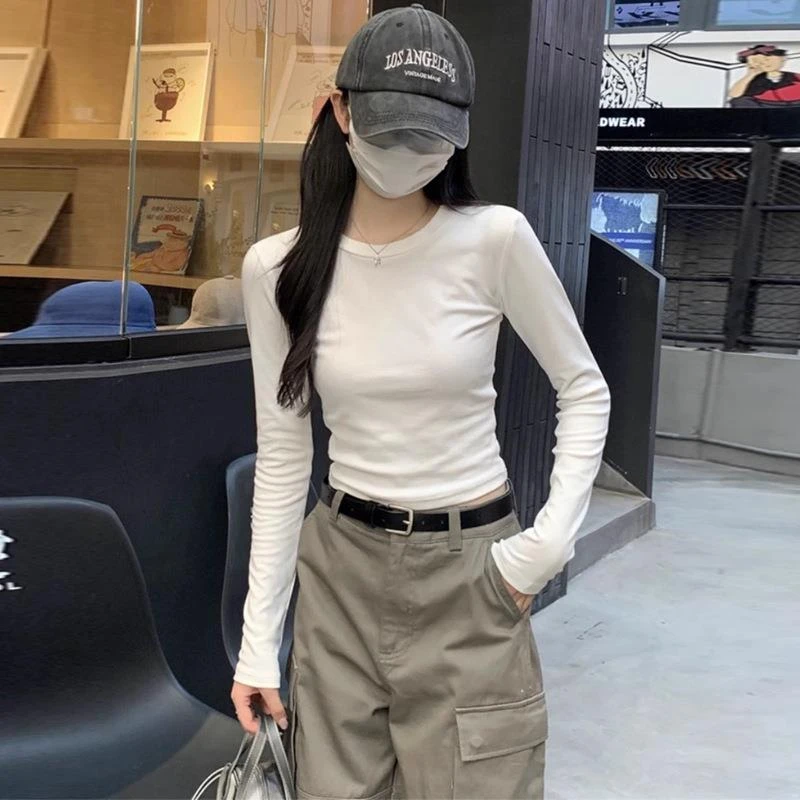 欧货白色长袖t恤女装早秋季2025新款修身紧身内搭短款打底衫上衣