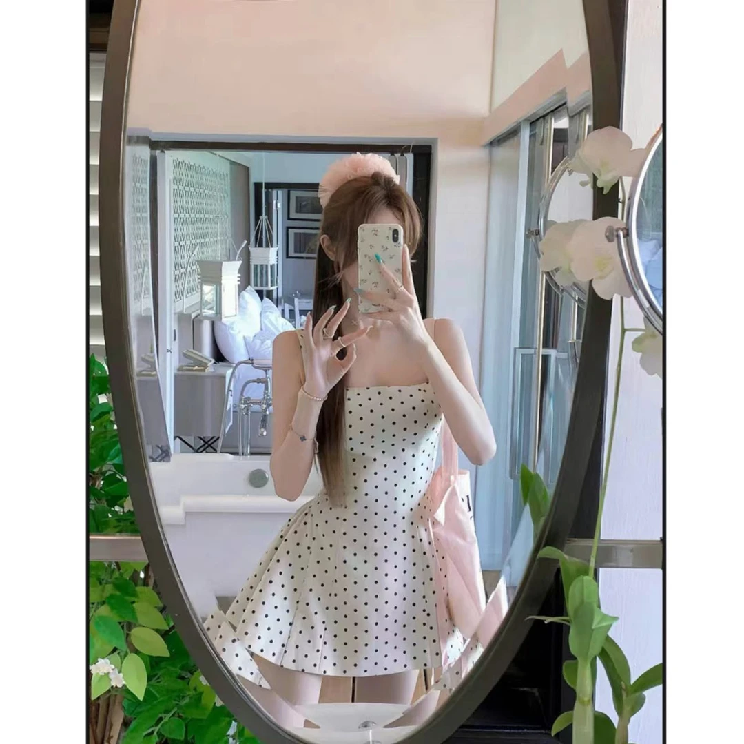 曼曼【少女的纯恋】方领吊带连衣裙女绑带收腰波点裙子