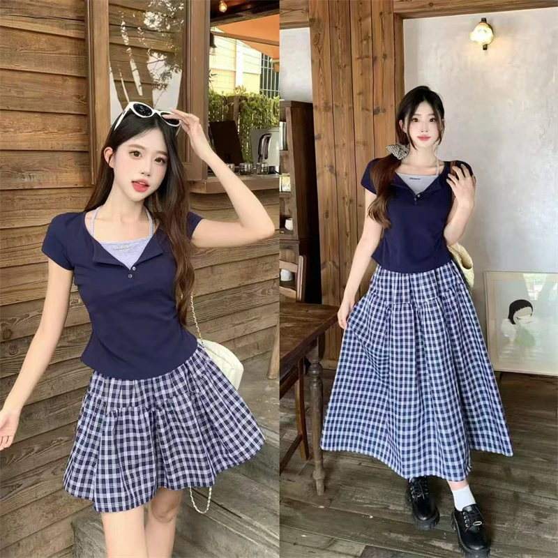 时尚辣妹设计感女2025夏假两件挂脖短袖T恤+格纹半身裙小个子套装