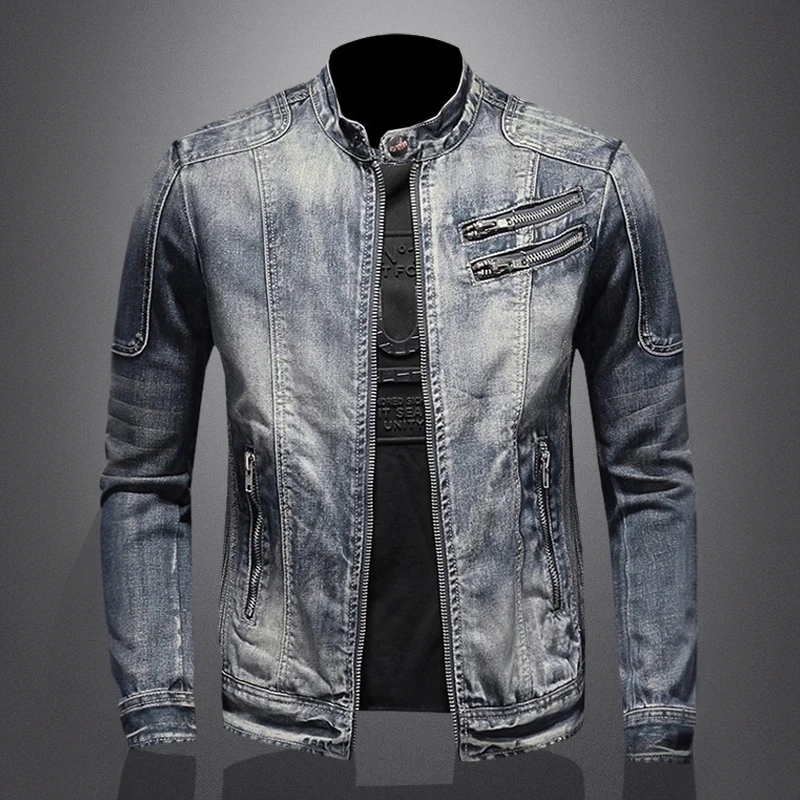 FANCBUDY男士牛仔外套欧美休闲复古大码立领拉链夹克骑行机车服潮