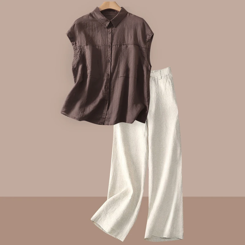洋气时尚苎麻无袖衬衫套装女士夏装妈妈高端减龄亚麻阔腿裤两件套