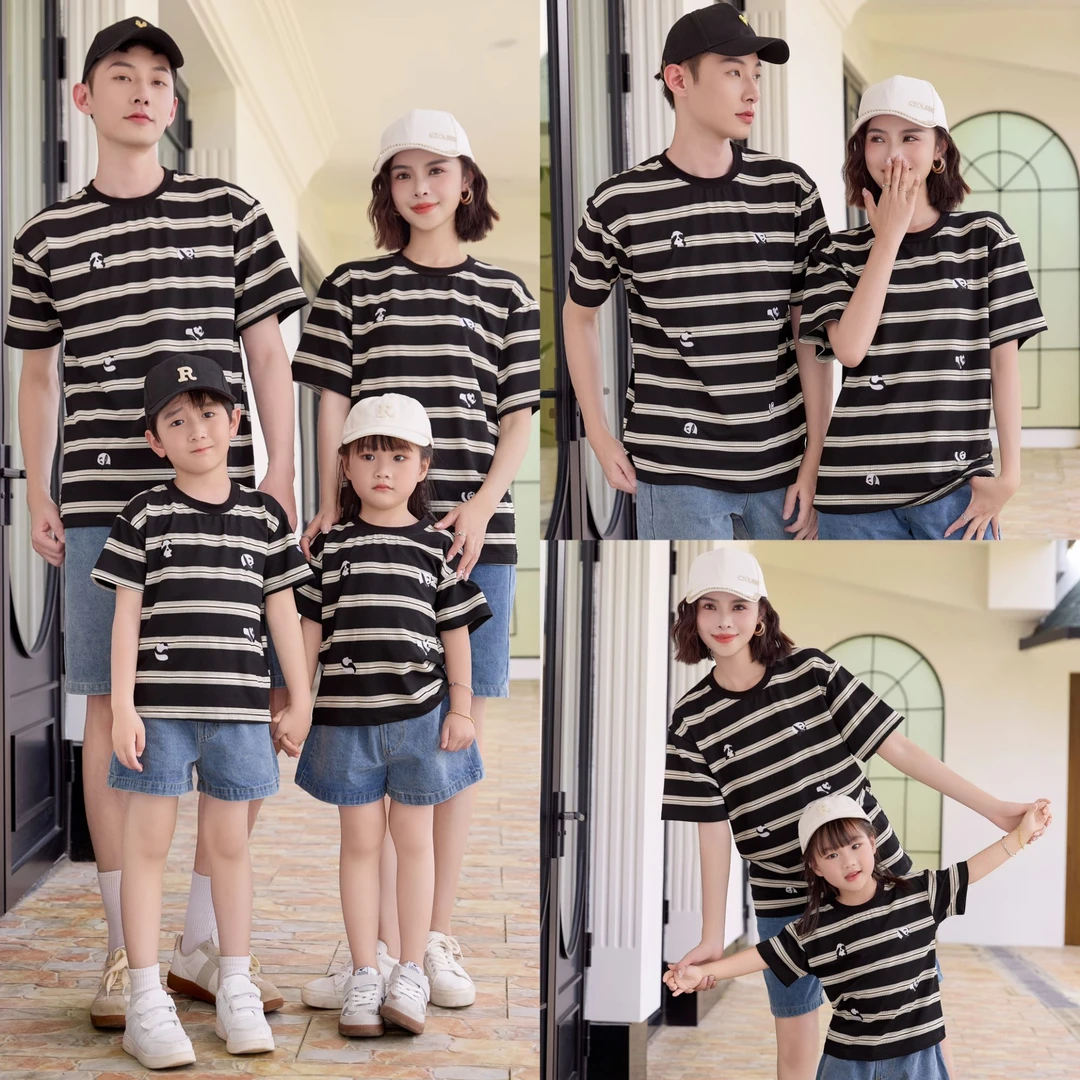 【小丸子】母子短袖T恤圆领刺绣熊猫条纹显瘦亲子装情侣款时尚短t