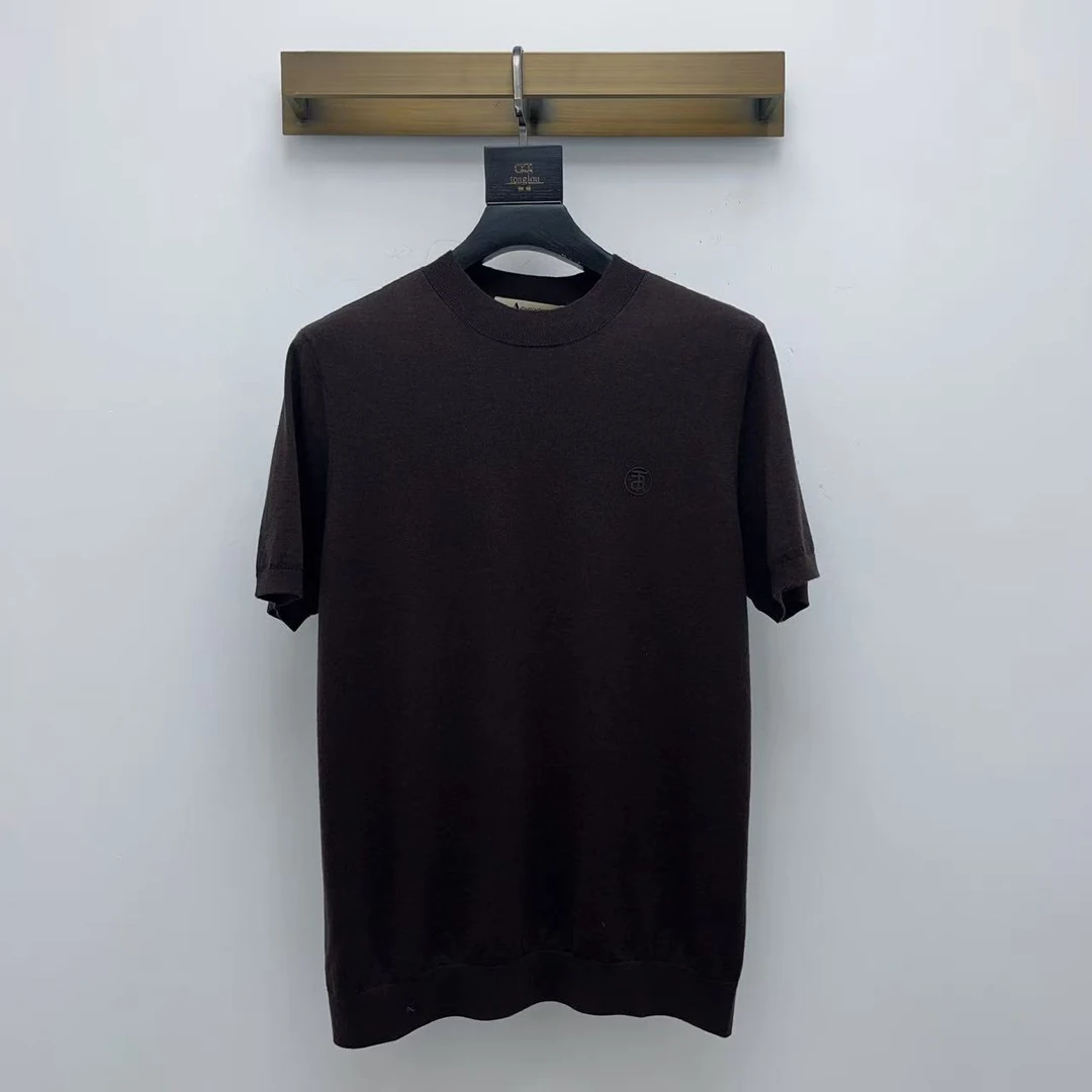 Aquascutum/雅格狮丹25秋冬男士绵羊毛暗红色短袖针织T恤毛衣