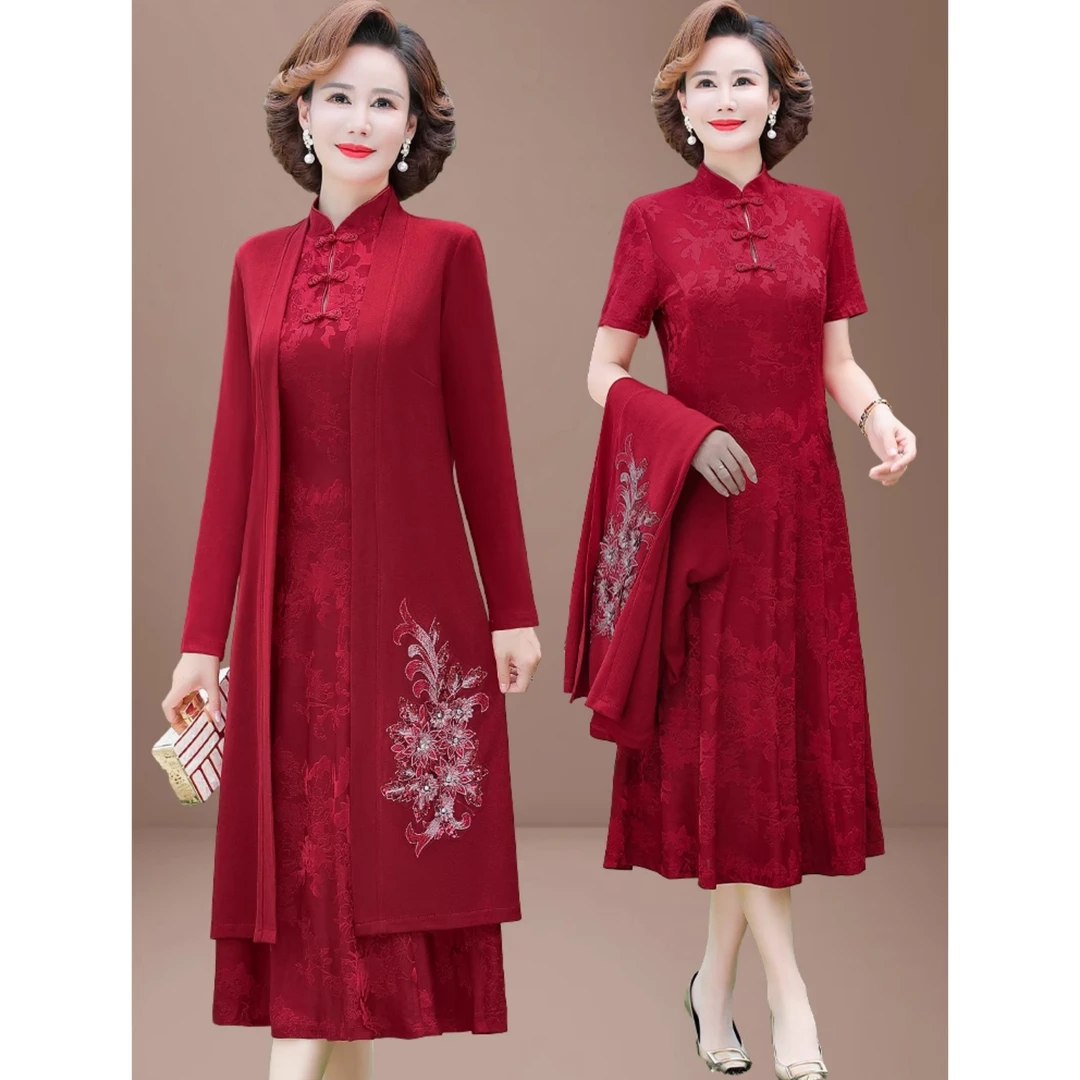 喜婆婆婚宴装气质结婚礼服中老年妈妈春秋高贵连衣裙加大码两件套