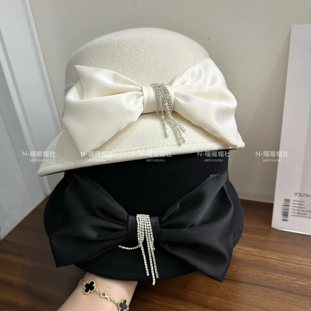 2025秋冬赫本风优雅蝴蝶结羊毛盆帽千金白富美渔夫帽气质百搭礼帽