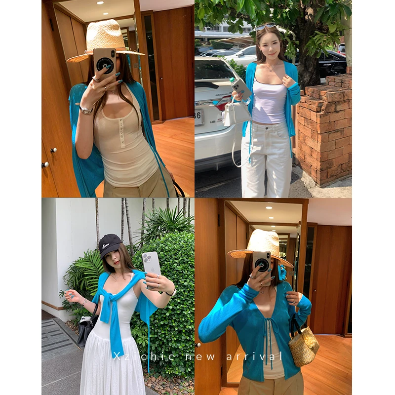 Xzichic衣橱C位天丝羊毛系带针织开衫V领外套女2025春夏长袖上衣