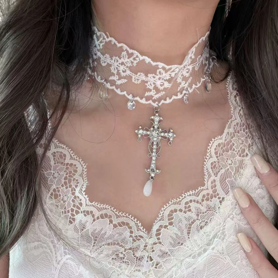 合金布艺项链 项链纯欲风蕾丝十字架流苏choker女高级感锁骨链