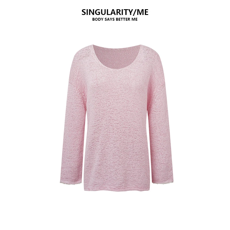 Singularity Me 4A 3085 宽松慵懒风卷边珍珠袖口针织打底衫上衣