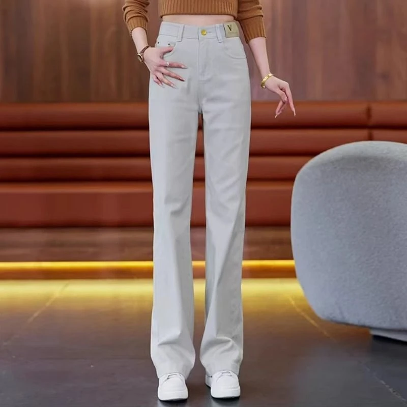 冰丝莫兰迪灰软牛仔直筒裤女新款春秋夏透气高腰女裤显瘦阔腿裤子