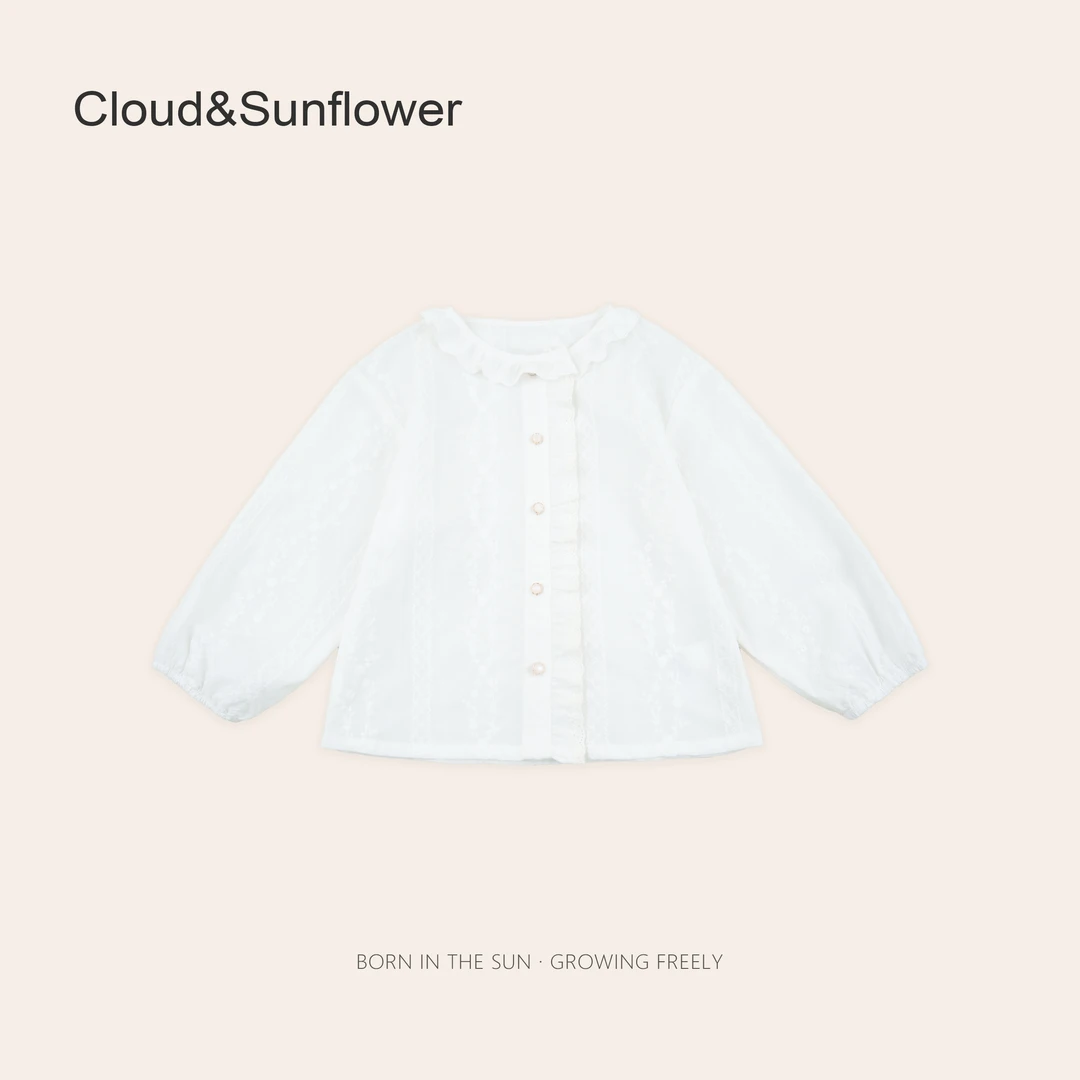 女童春季精致五粒扣蕾丝圆领纯色高级娃娃衫660727