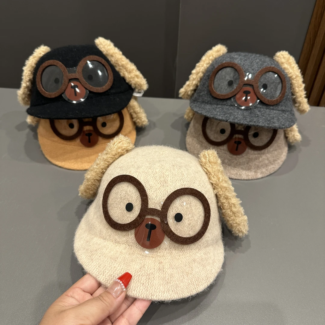 儿童呆萌眼镜棒球帽宝宝和户外防风鸭舌帽男女童卡通可爱毛呢帽潮