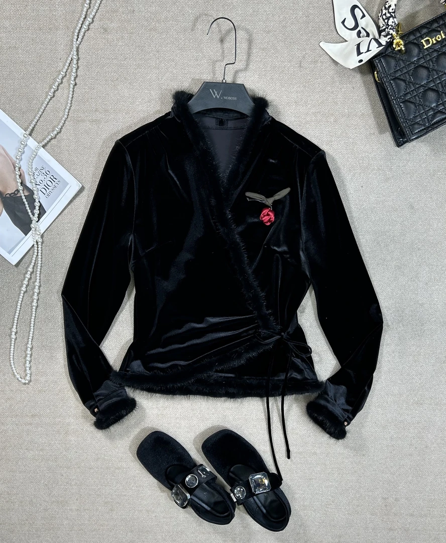 【铭雨鑫】冬款丝绒貂毛  交叉领 女人味性感外搭25888#黑色