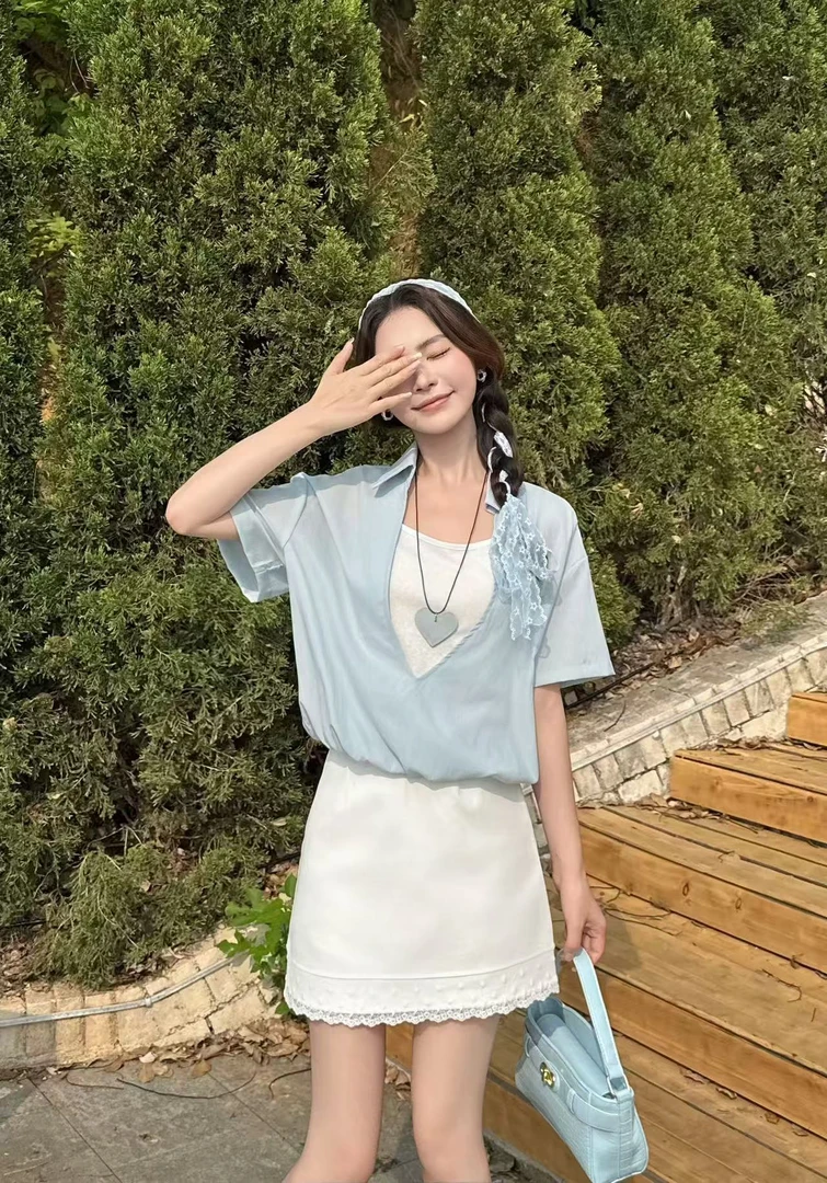 5166#法式复古气质高级感小众假两件衬衫【无项链】B12-1