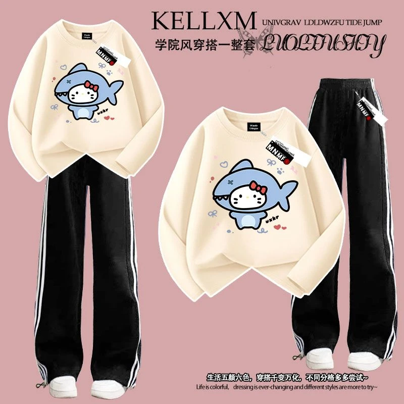 趣味可爱Kitty印花女童秋季套装纯棉长袖T恤三条杠长裤中大童时髦