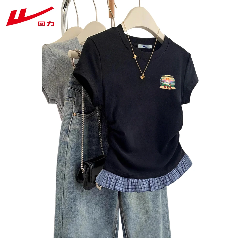 回力夏季小众棉短袖短款辣妹个性印花甜美百搭多巴胺夏装T恤女