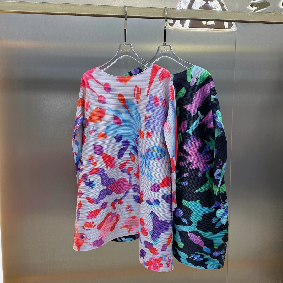 三宅褶皱秋季新款中长款长袖上衣裙子两穿海草印花显瘦气质