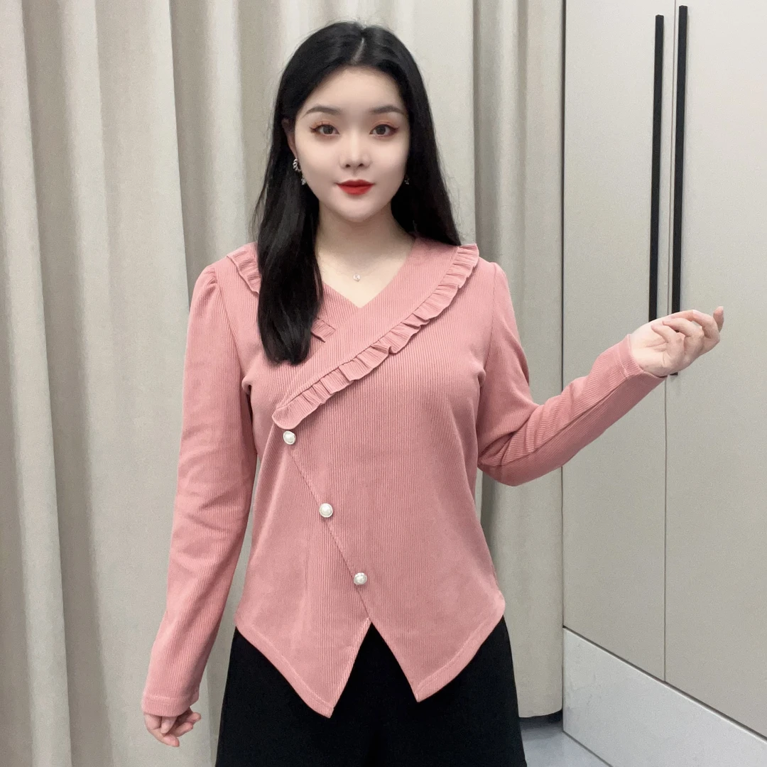 极简风气质法式V领T恤打底衫褶皱洋气长袖纯色针织显瘦时尚