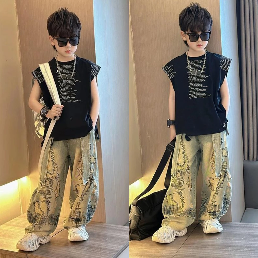 男童夏季背心套装新款儿童时髦个性牛仔裤男孩时尚百搭长裤两件套