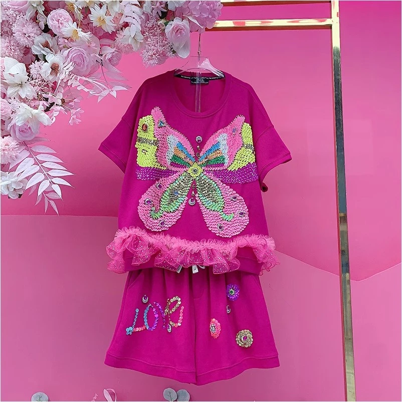A2375欧美设计师2025夏季新款重工钉钻刺绣亮片蝴蝶拼纱休闲套装