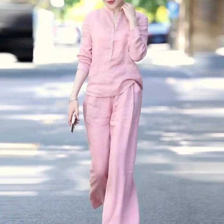 洋气套装休闲2025春秋新款显瘦衬衫气质长袖上衣高腰阔腿裤两件套