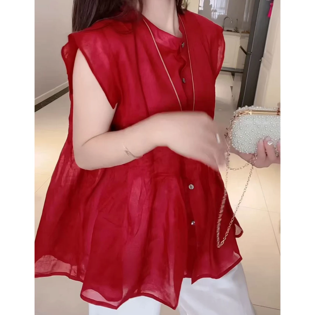 【现货】今年流行穿搭2025夏季新款温柔风宽松显瘦无袖休闲衬衫上衣