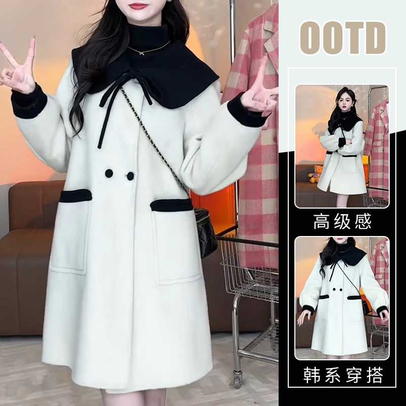 法式气质宽松减龄中长款毛呢外套女春秋新款高级感娃娃领保暖大衣