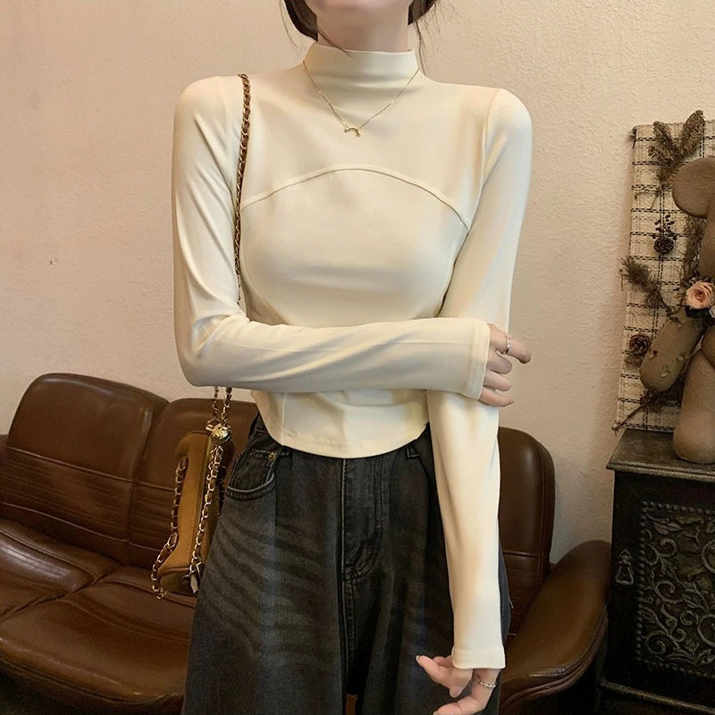 秋冬新款半高领内搭保暖德绒白色打底衫女百搭修身收腰显瘦长袖上