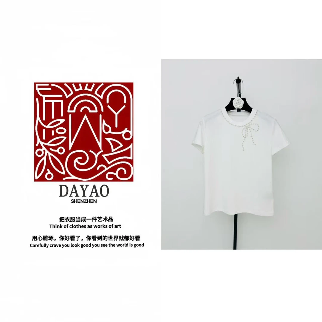 「DAYAO」25s夏季新款领口重工钉珠蝴蝶结装饰短袖T恤显瘦WYS25524