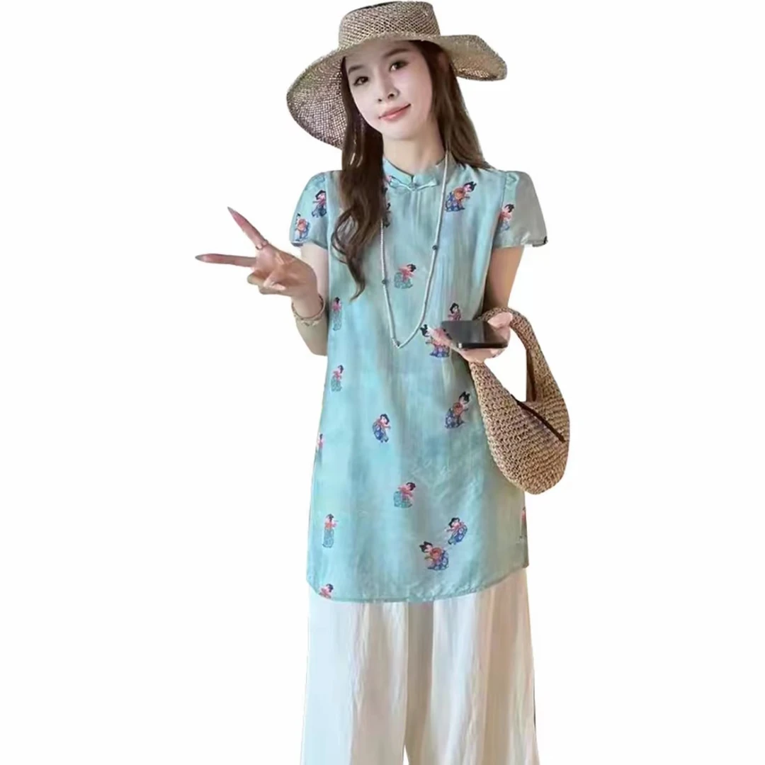 新国风中式套装女2025年夏季新款时尚洋气印花上衣阔腿裤两件套潮