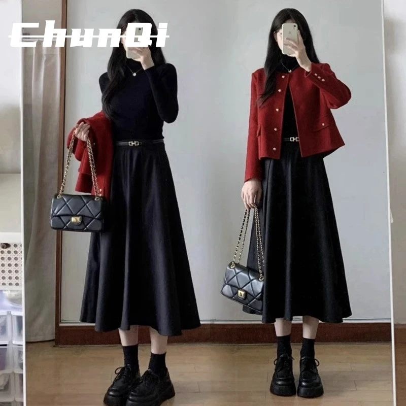 淳启小香风外套女秋冬大尺码胖mm气质显瘦减龄大衣半身裙两件套潮