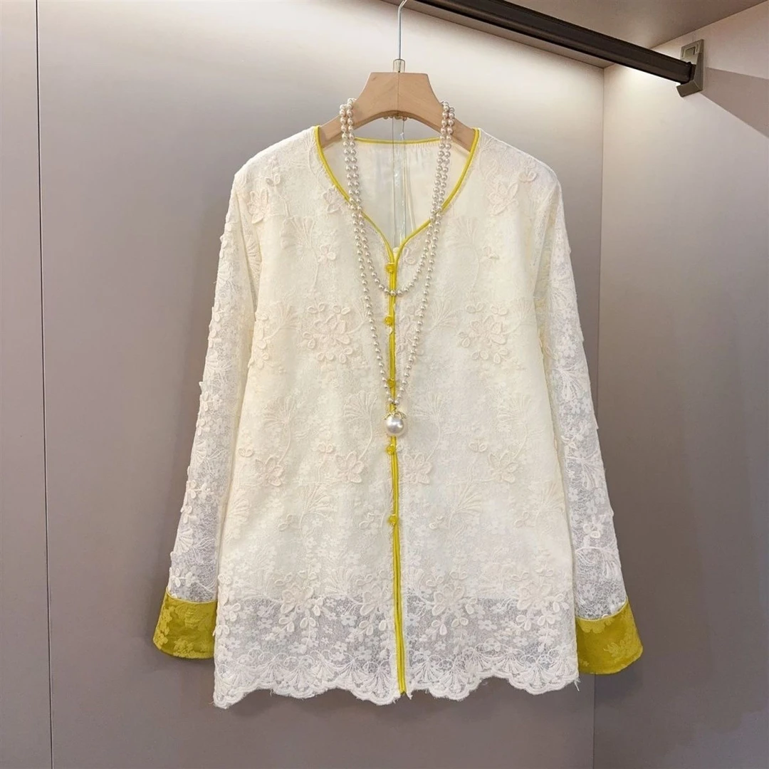 V领撞色立体刺绣显瘦蕾丝外套上衣