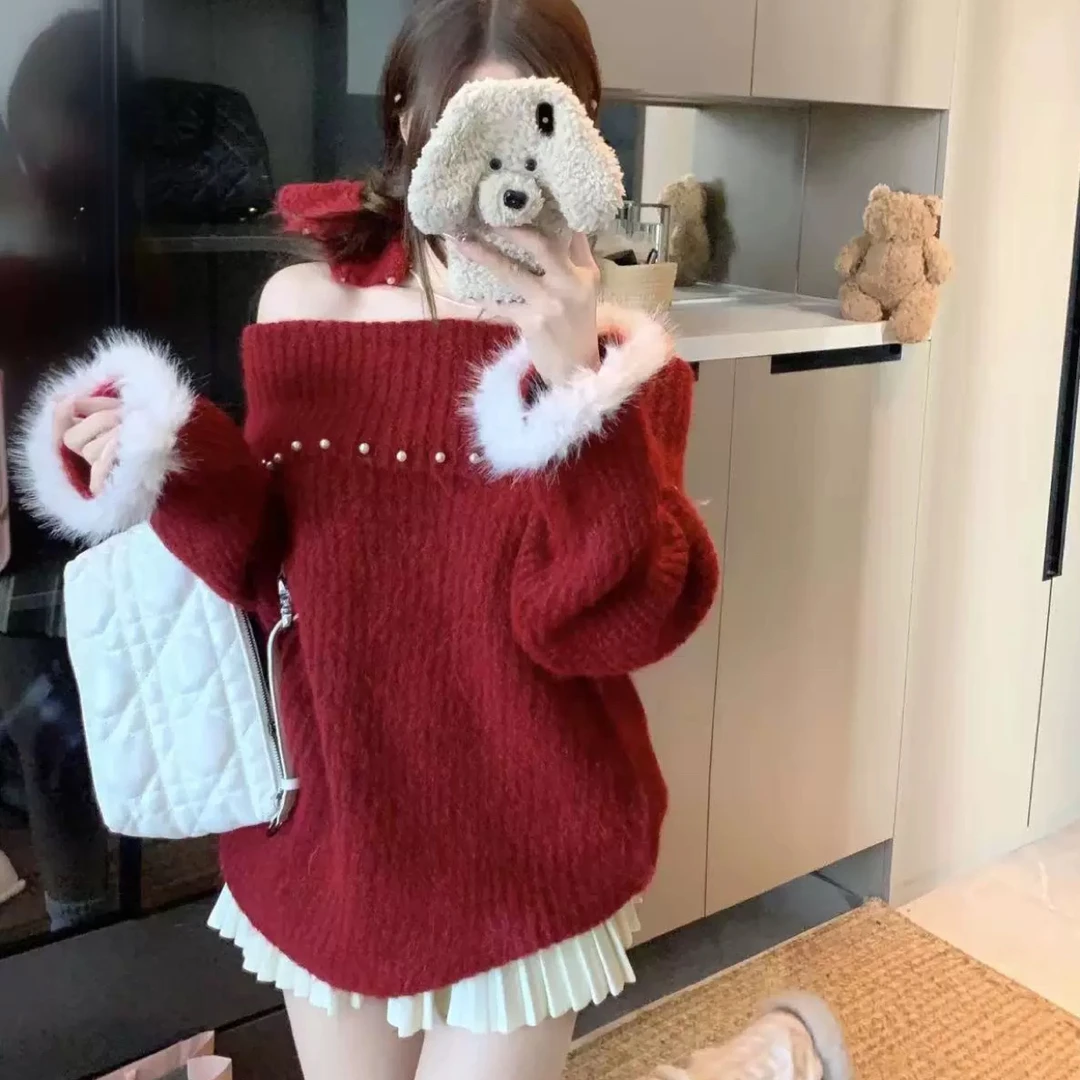 高级钉珠一字肩套头长袖毛衣女秋冬2025新款气质休闲温柔针织上衣