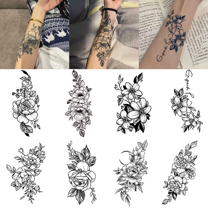 素花套装ins暗黑花臂草本果汁纹身贴防水半永久仿真刺青色洗不掉