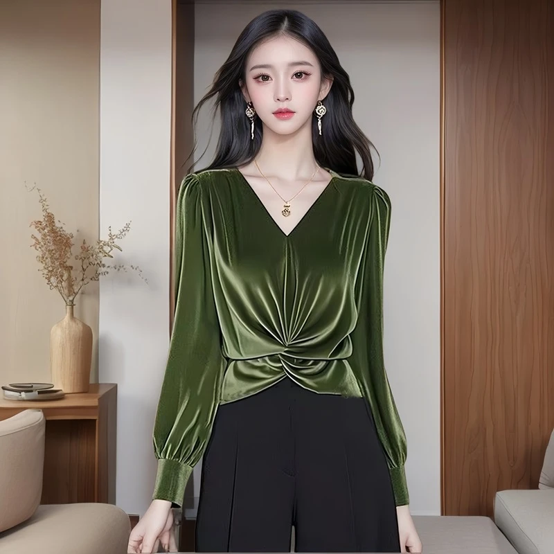 法式高端奢华大牌金丝绒衬衫女士小衫2025新款打底衫上衣春秋冬季