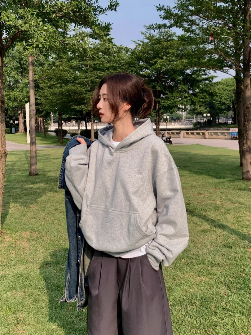 灰色卫衣高街美式连帽基础款纯色秋冬加绒加厚套头保暖上衣帽衫女