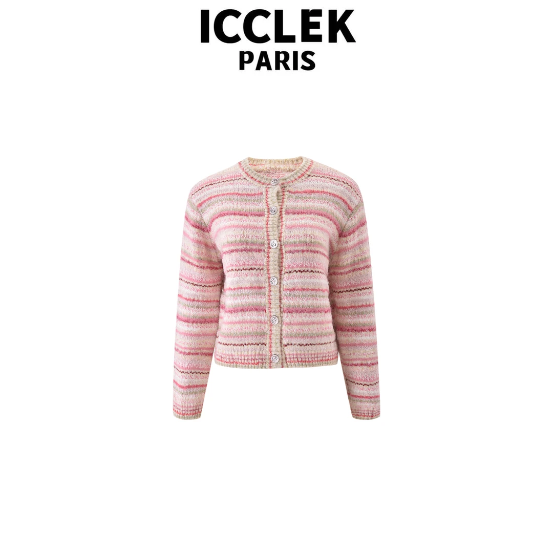 ICCLEK 粉色混纱线长袖针织衫气质轻奢名媛减龄百搭外套 -  3191