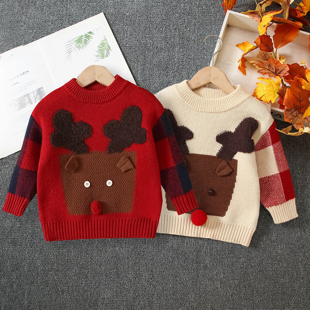 儿童毛线衣冬卡通风针织衫女童一体绒加厚毛衣撞色图案圆领学院风